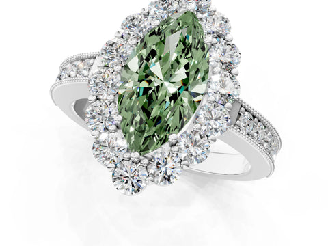 White gold Fancy Green Marquise Cut Cut Halo Diamond Pavé Engagement Ring with Milgrain Detailing_25