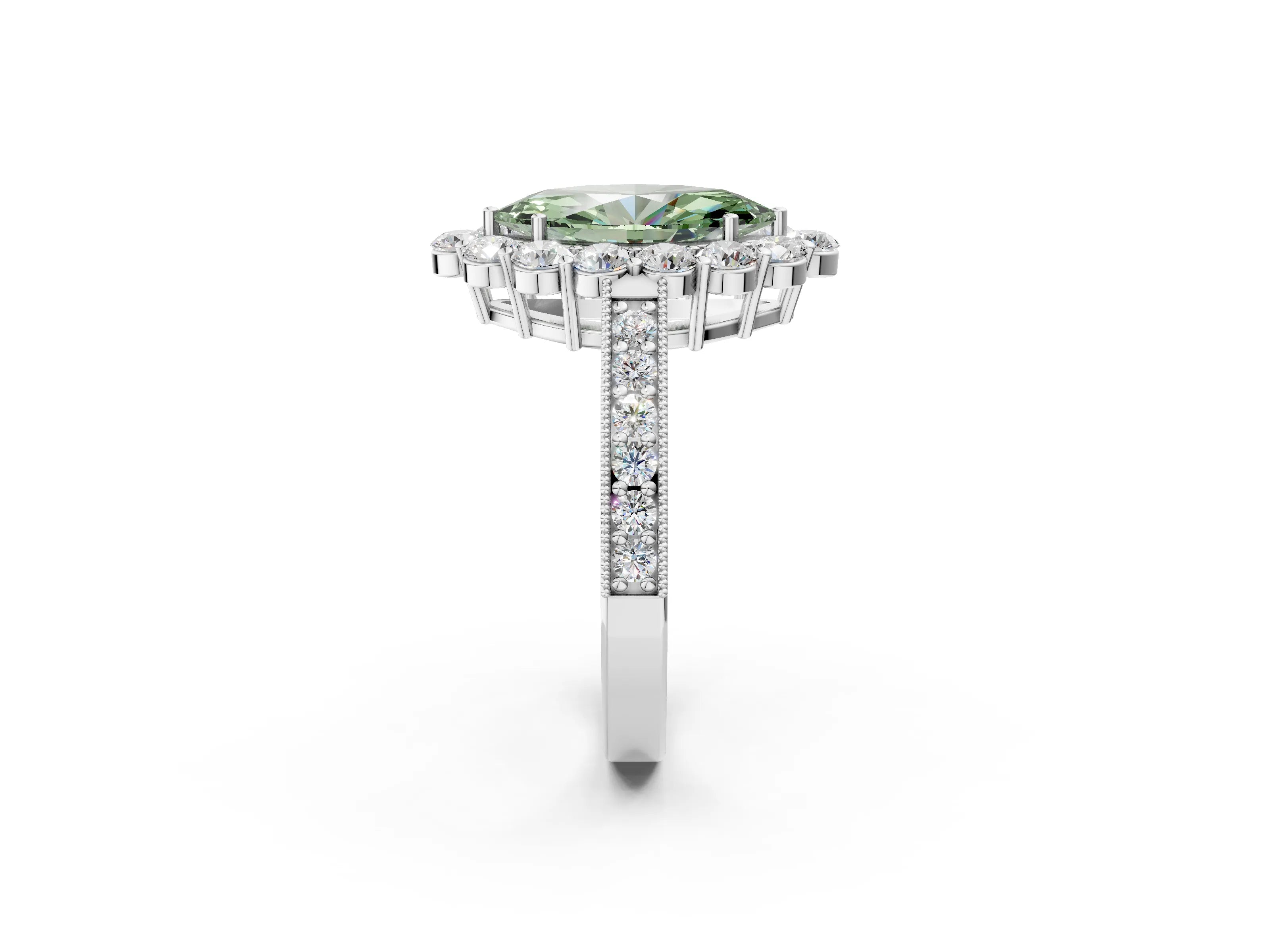 White gold Fancy Green Marquise Cut Cut Halo Diamond Pavé Engagement Ring with Milgrain Detailing_26