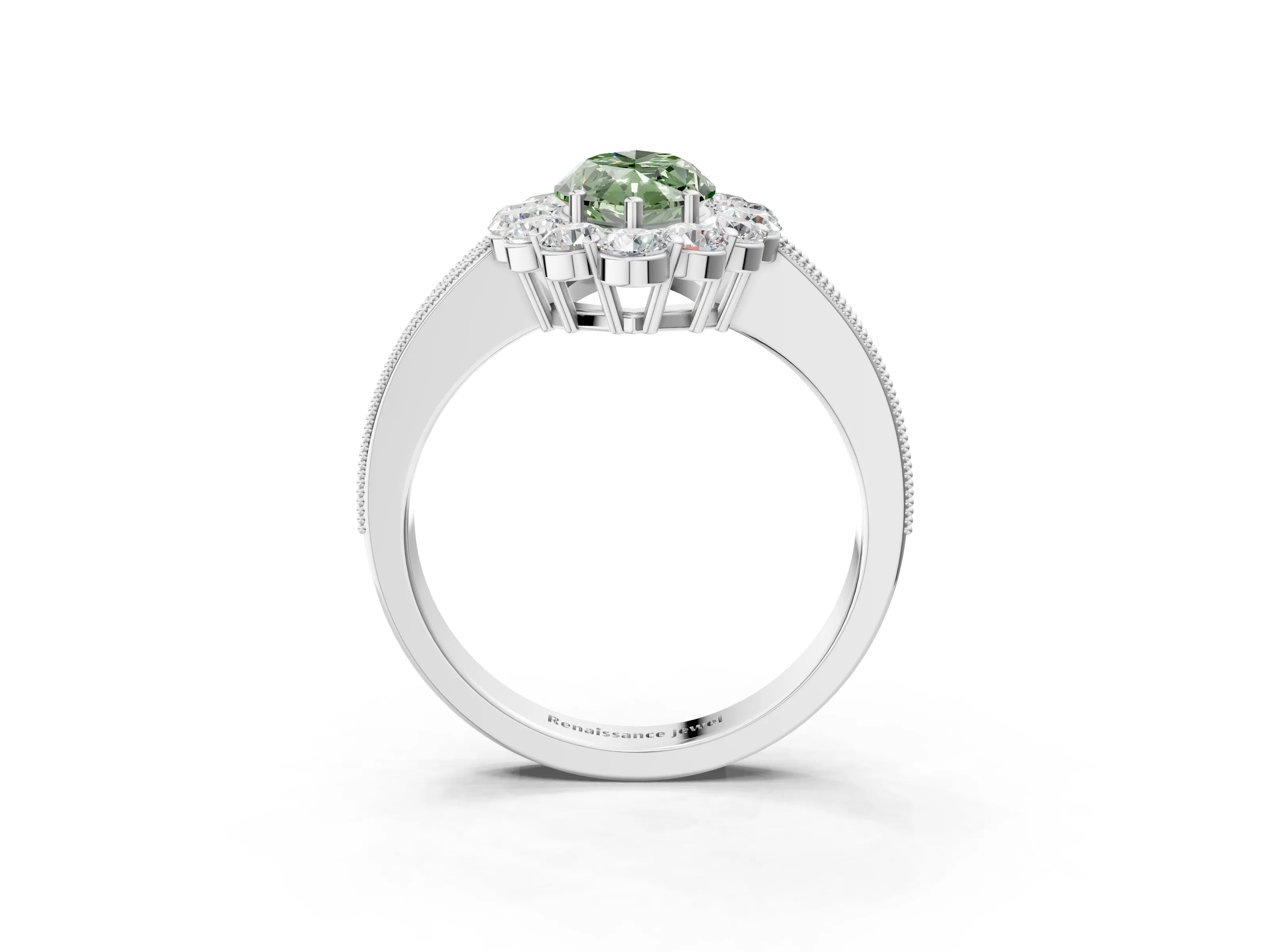 White gold Fancy Green Marquise Cut Cut Halo Diamond Pavé Engagement Ring with Milgrain Detailing_27