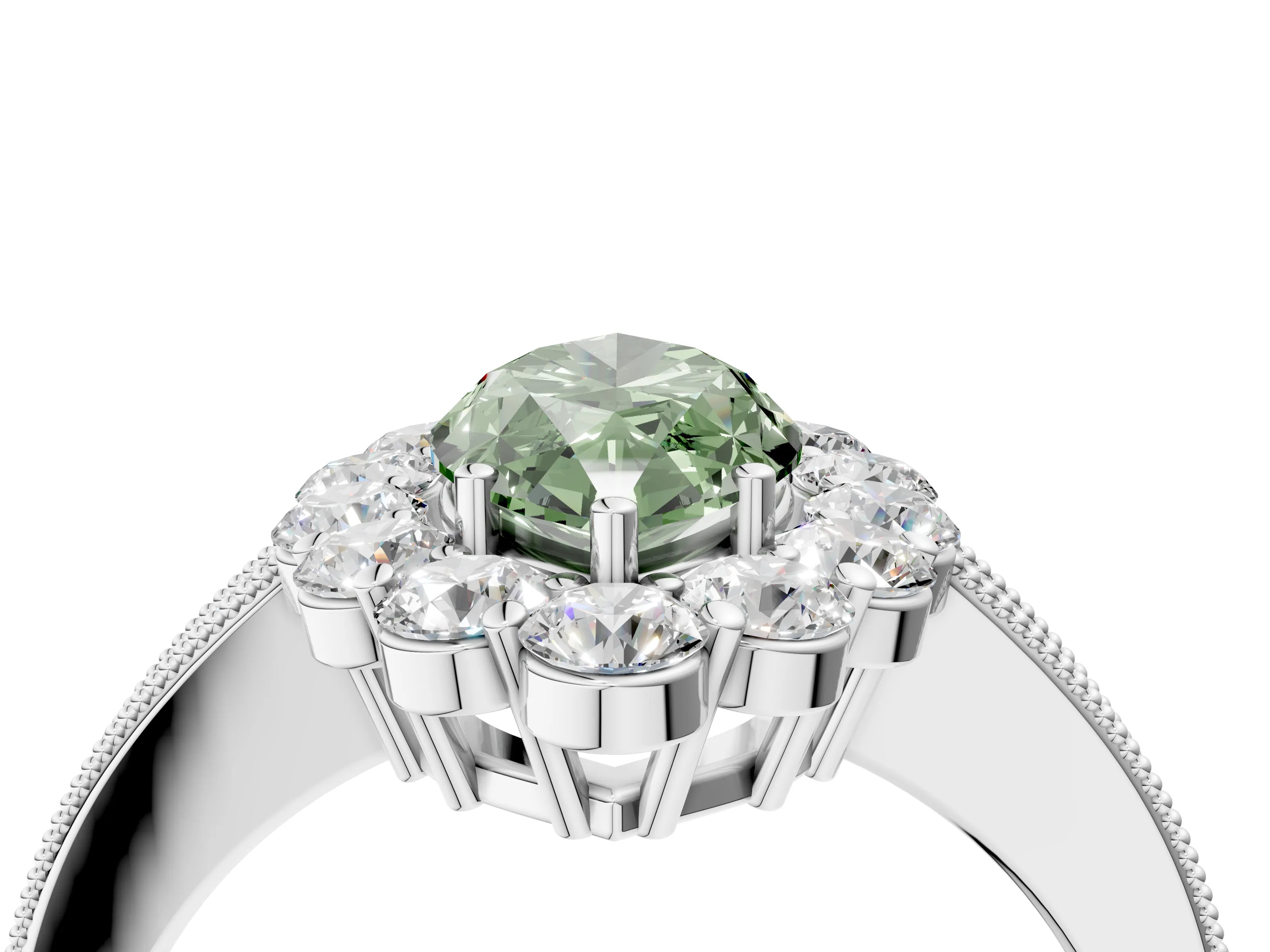 White gold Fancy Green Marquise Cut Cut Halo Diamond Pavé Engagement Ring with Milgrain Detailing_28