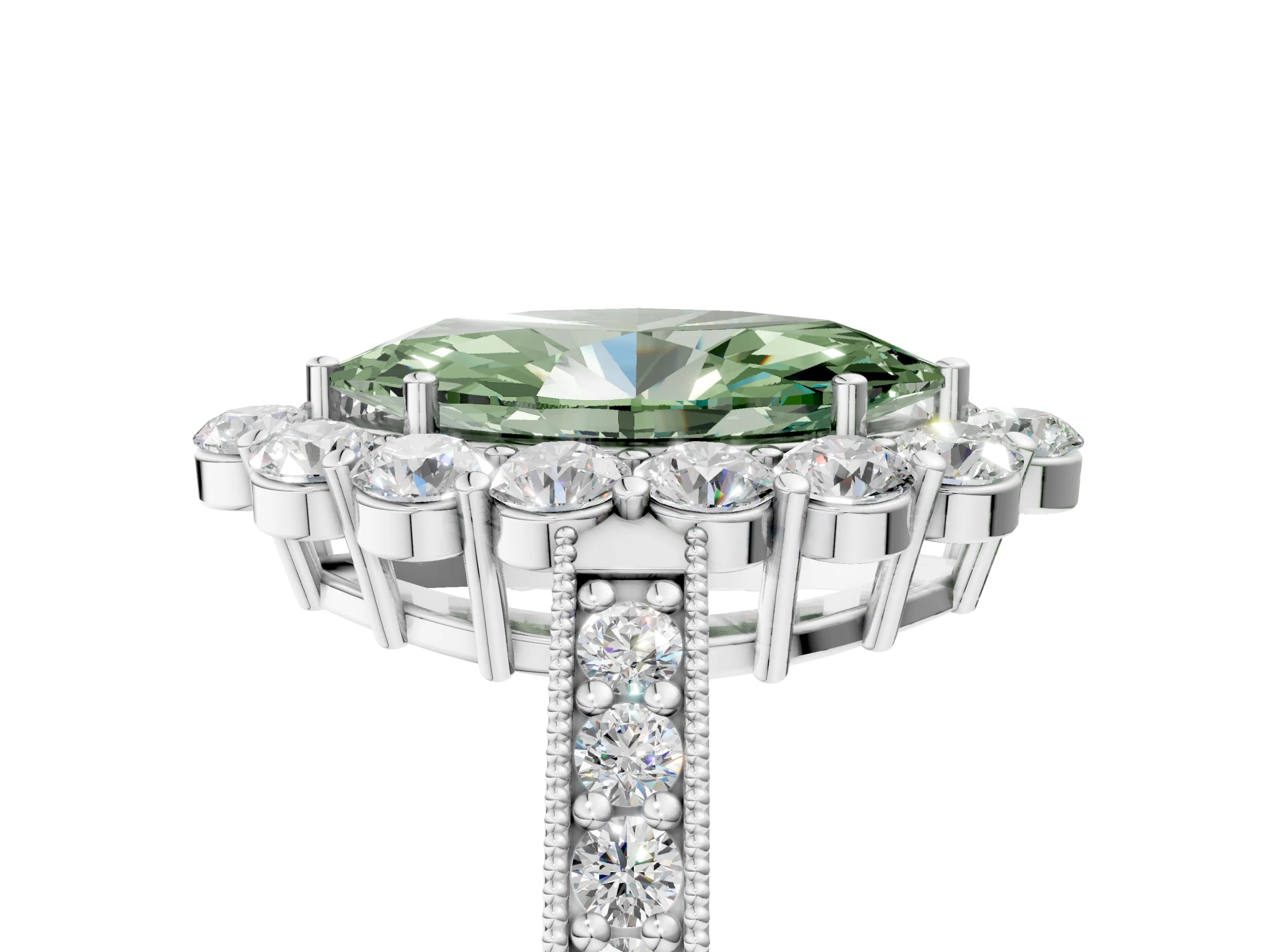 White gold Fancy Green Marquise Cut Cut Halo Diamond Pavé Engagement Ring with Milgrain Detailing_29