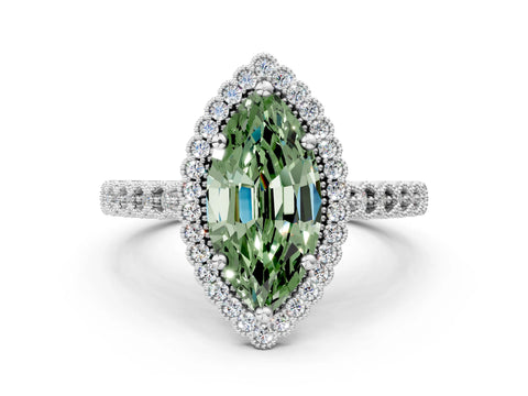 White gold Fancy Green Marquise Cut Cut Halo Pavé Solitaire Ring with Milgrain Band_12