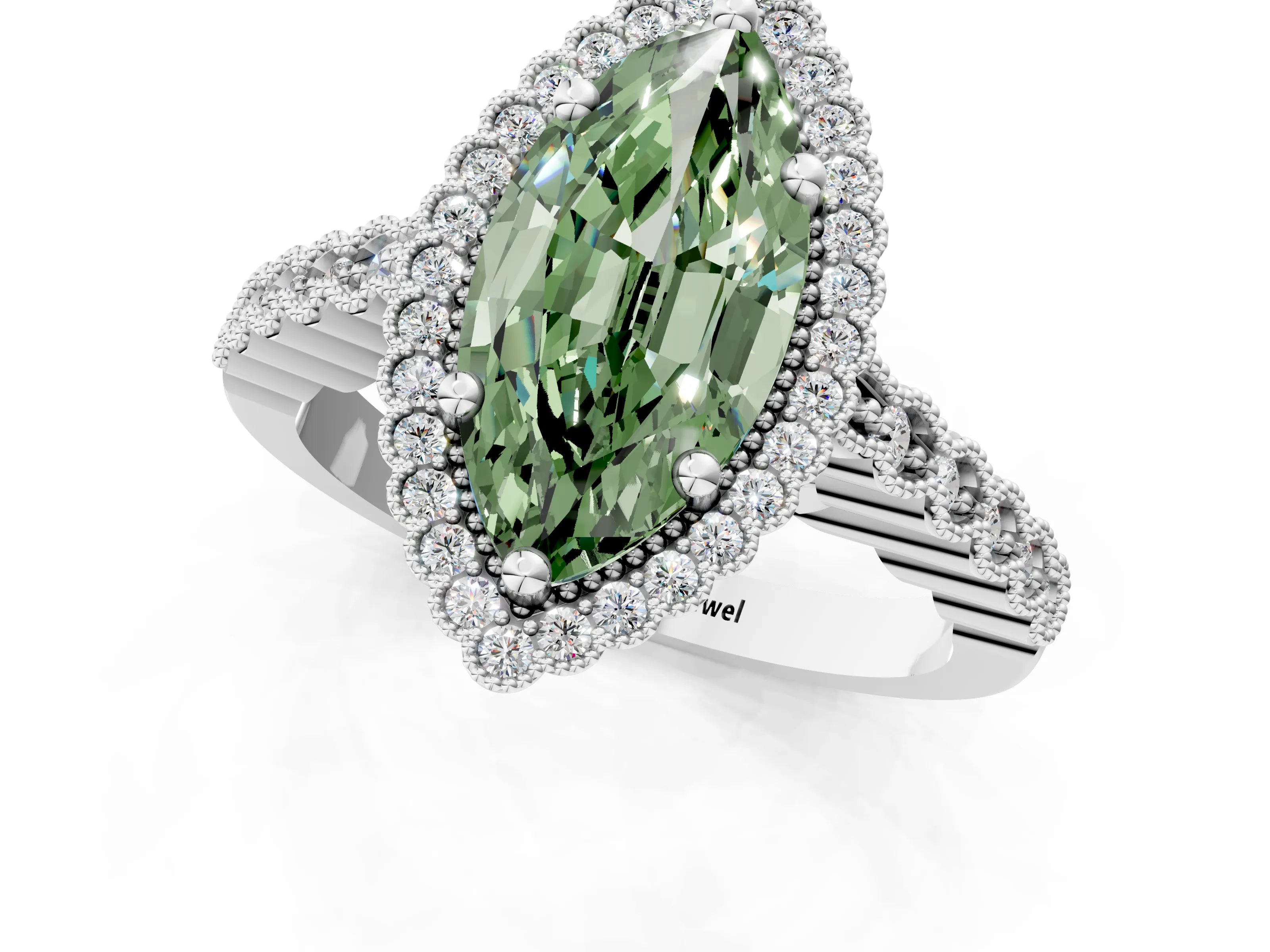 White gold Fancy Green Marquise Cut Cut Halo Pavé Solitaire Ring with Milgrain Band_13