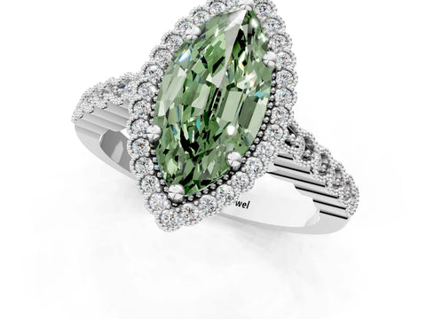 White gold Fancy Green Marquise Cut Cut Halo Pavé Solitaire Ring with Milgrain Band_13