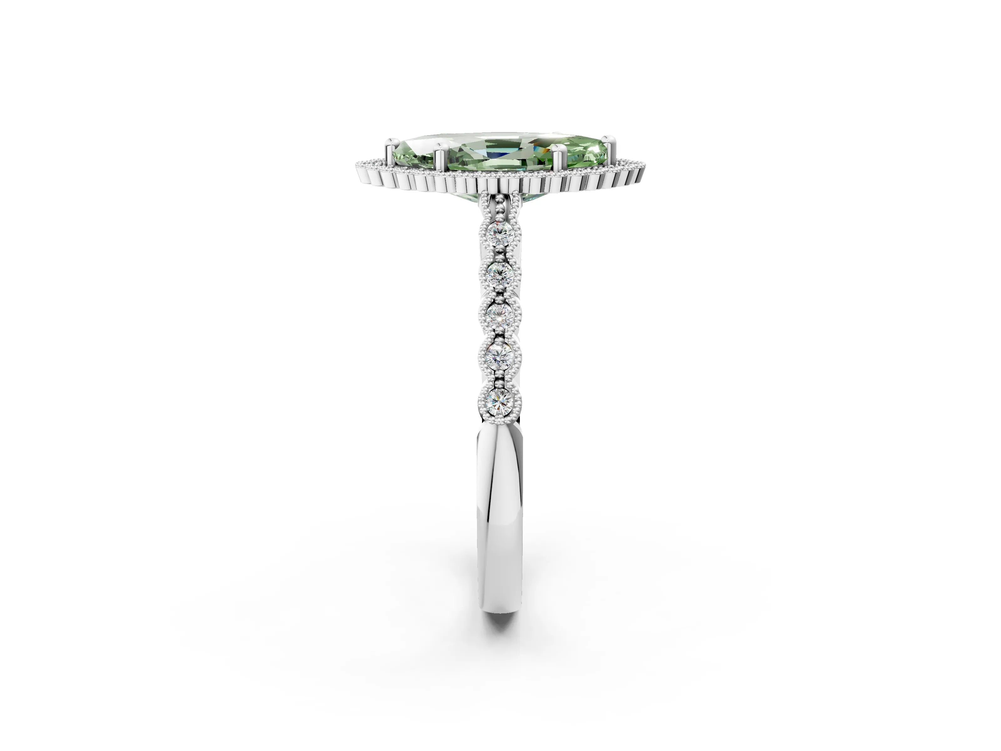 White gold Fancy Green Marquise Cut Cut Halo Pavé Solitaire Ring with Milgrain Band_14