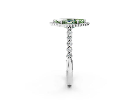 White gold Fancy Green Marquise Cut Cut Halo Pavé Solitaire Ring with Milgrain Band_14