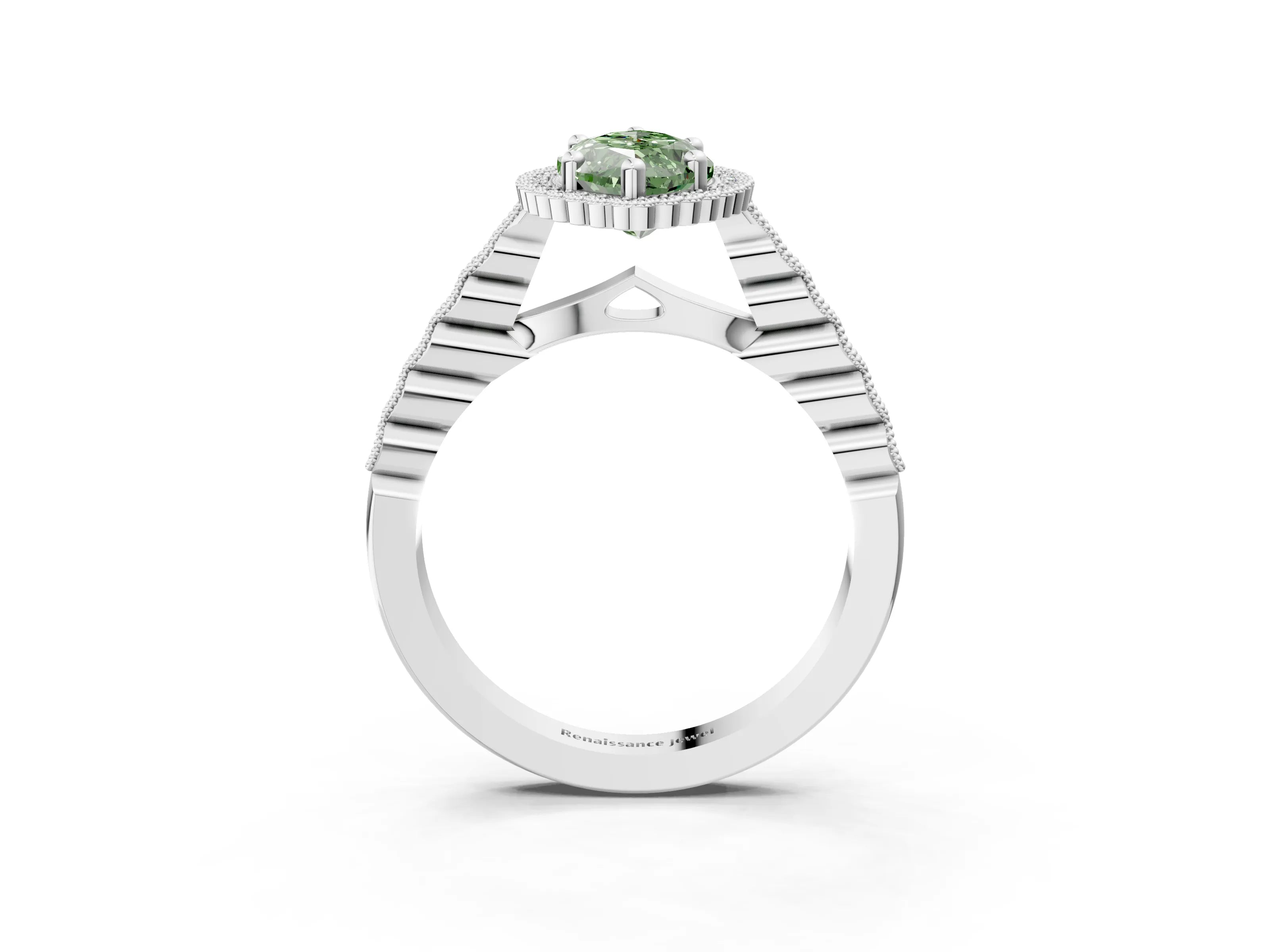 White gold Fancy Green Marquise Cut Cut Halo Pavé Solitaire Ring with Milgrain Band_15