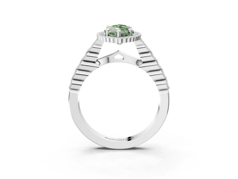 White gold Fancy Green Marquise Cut Cut Halo Pavé Solitaire Ring with Milgrain Band_15