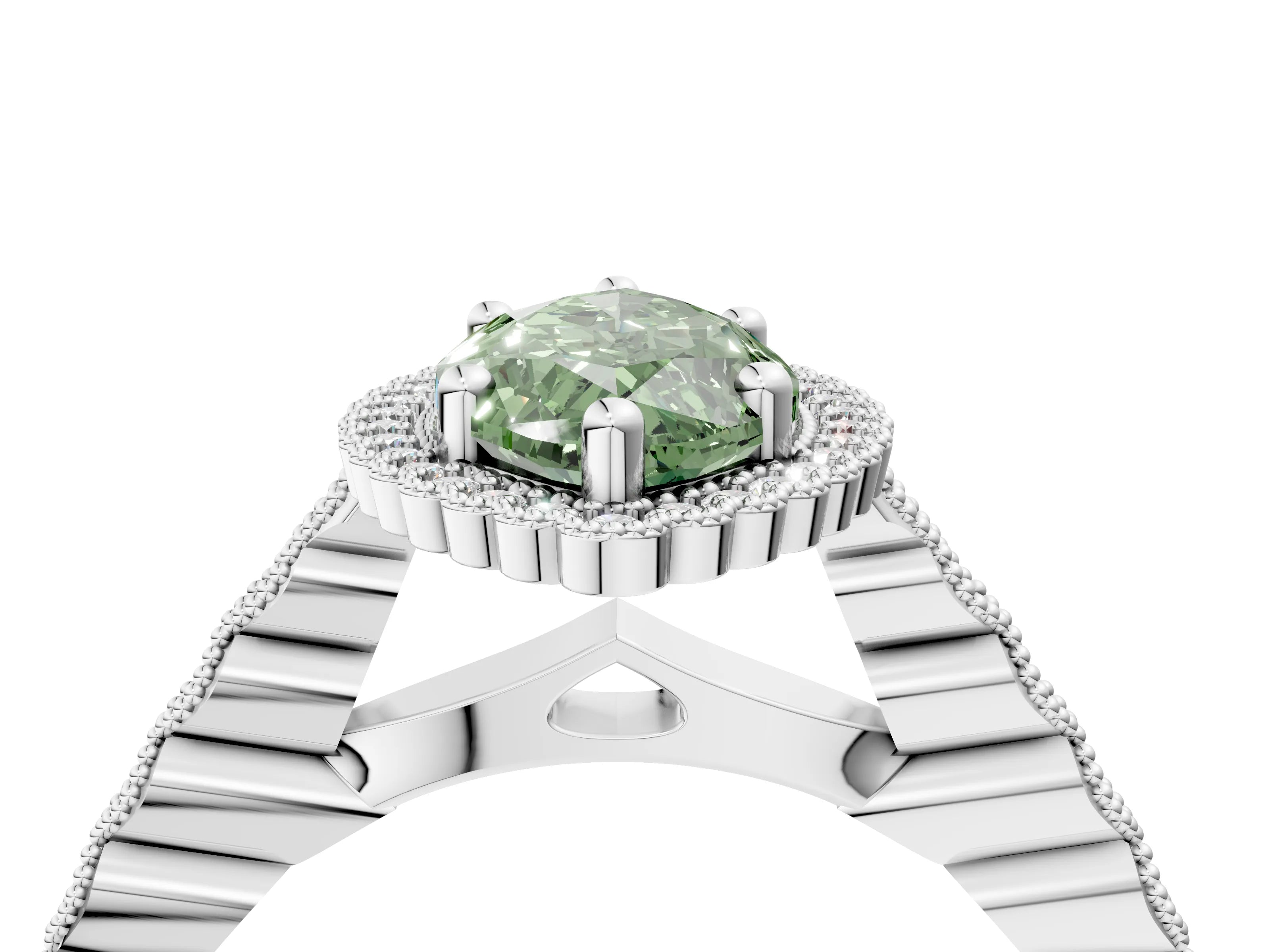 White gold Fancy Green Marquise Cut Cut Halo Pavé Solitaire Ring with Milgrain Band_16