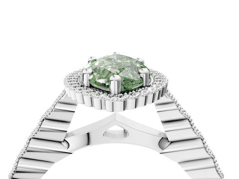 White gold Fancy Green Marquise Cut Cut Halo Pavé Solitaire Ring with Milgrain Band_16