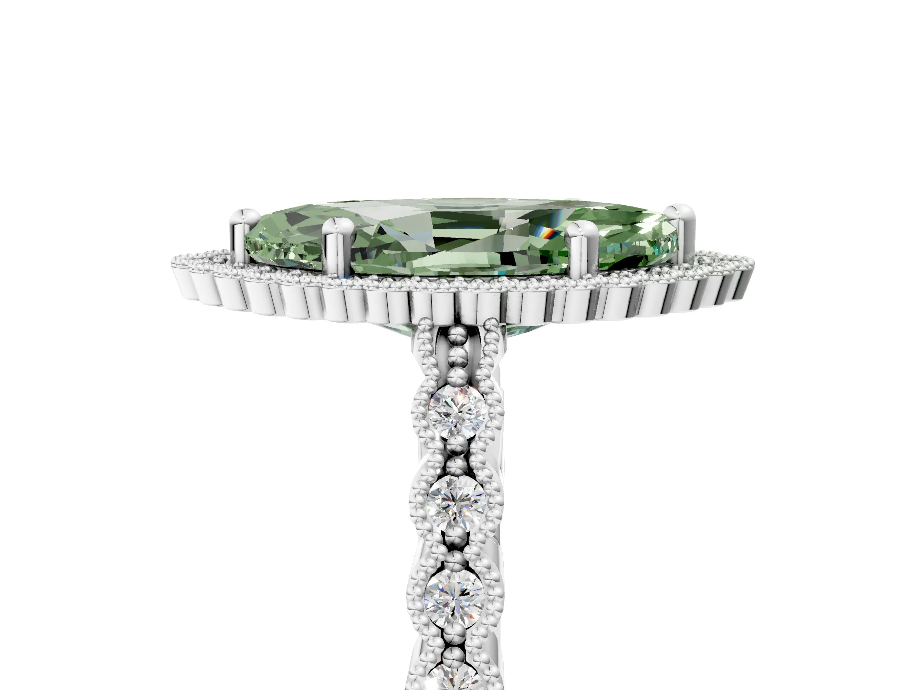 White gold Fancy Green Marquise Cut Cut Halo Pavé Solitaire Ring with Milgrain Band_17