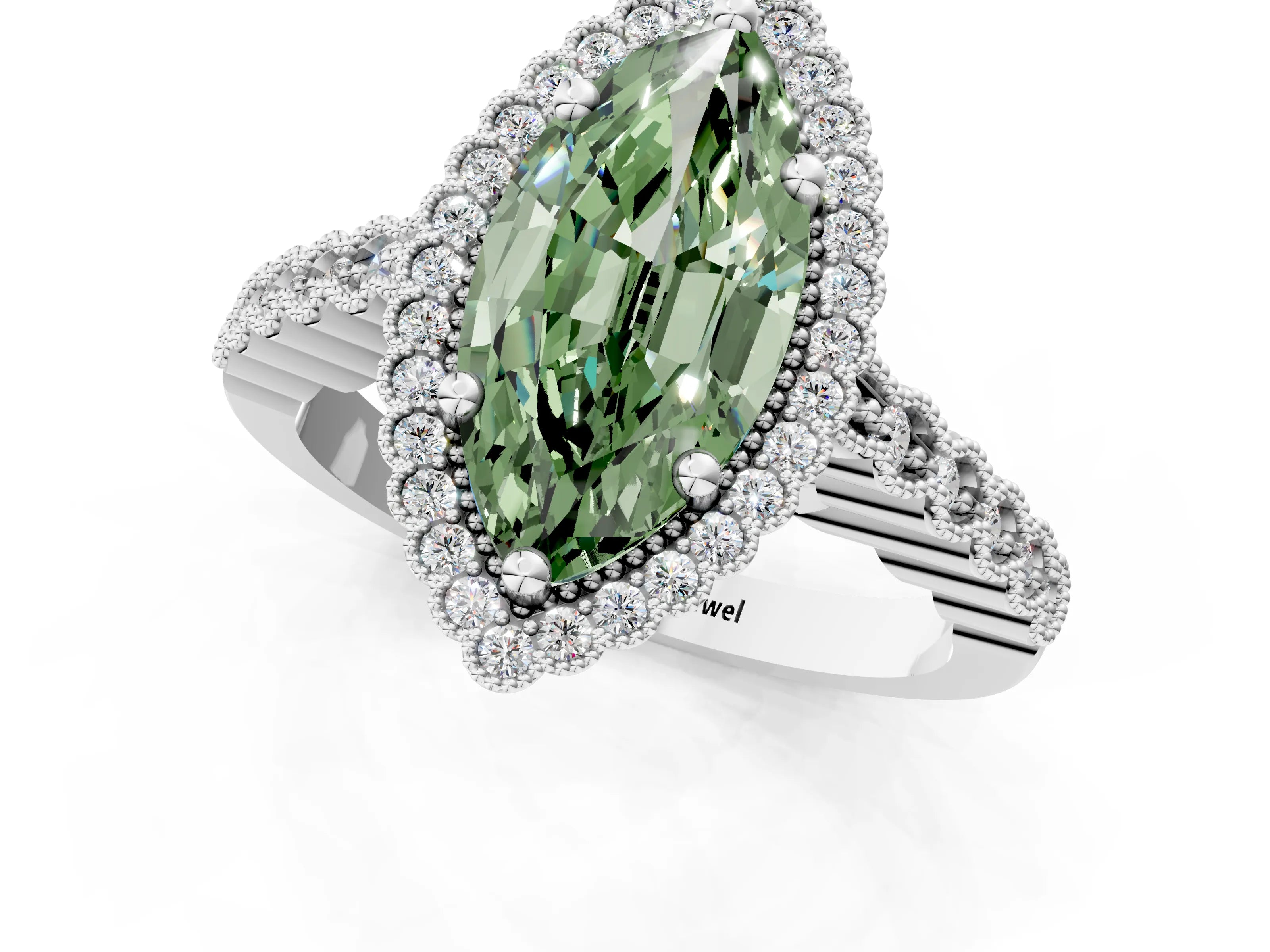 White gold Fancy Green Marquise Cut Cut Halo Pavé Solitaire Ring with Milgrain Band_1