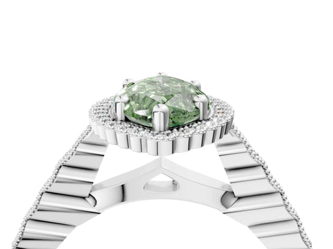 White gold Fancy Green Marquise Cut Cut Halo Pavé Solitaire Ring with Milgrain Band_4