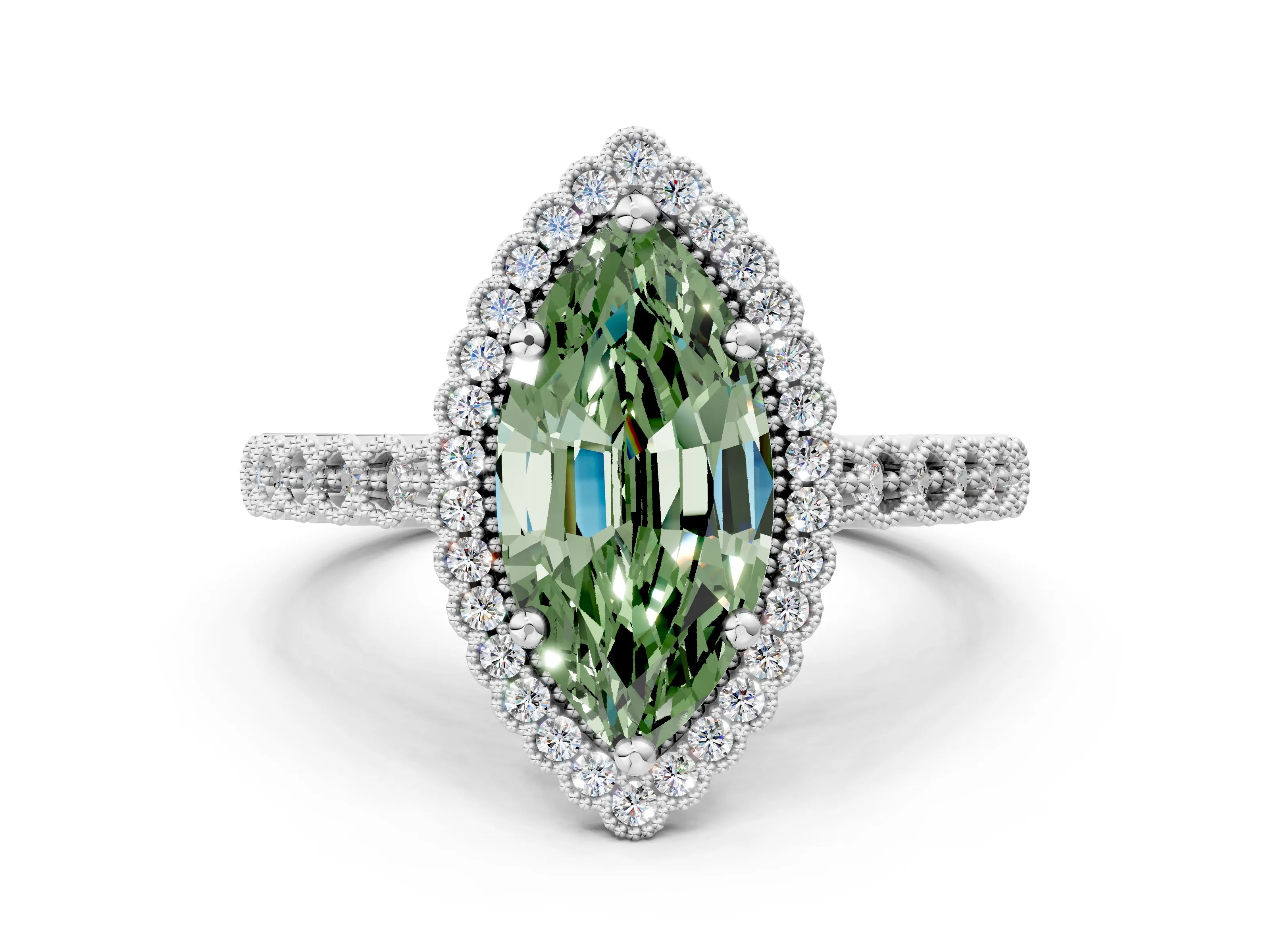 White gold Fancy Green Marquise Cut Cut Halo Pavé Solitaire Ring with Milgrain Band