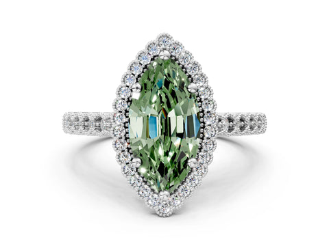 White gold Fancy Green Marquise Cut Cut Halo Pavé Solitaire Ring with Milgrain Band