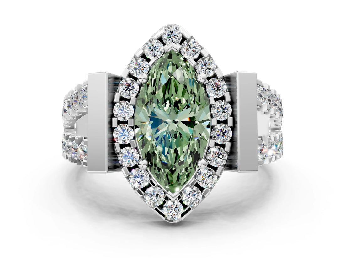 White gold Fancy Green Marquise Cut Cut Halo Split Shank Prong Set Ring_12