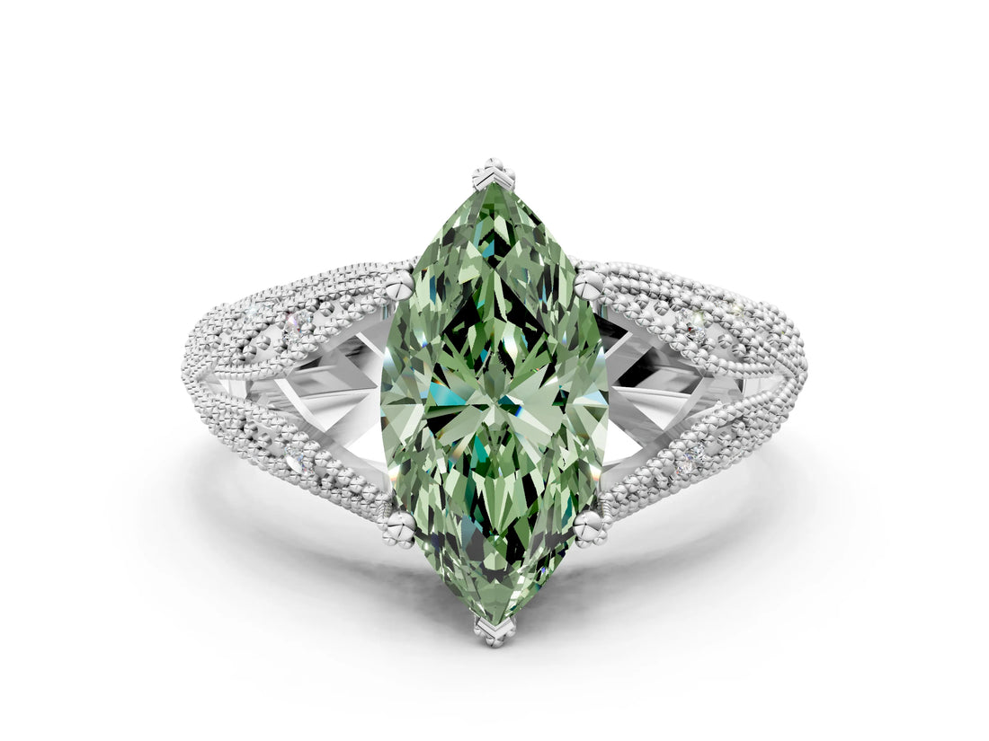 White gold Fancy Green Marquise Cut Cut Milgrain Pave Diamond Engagement Ring with Four-Prong Setting_3