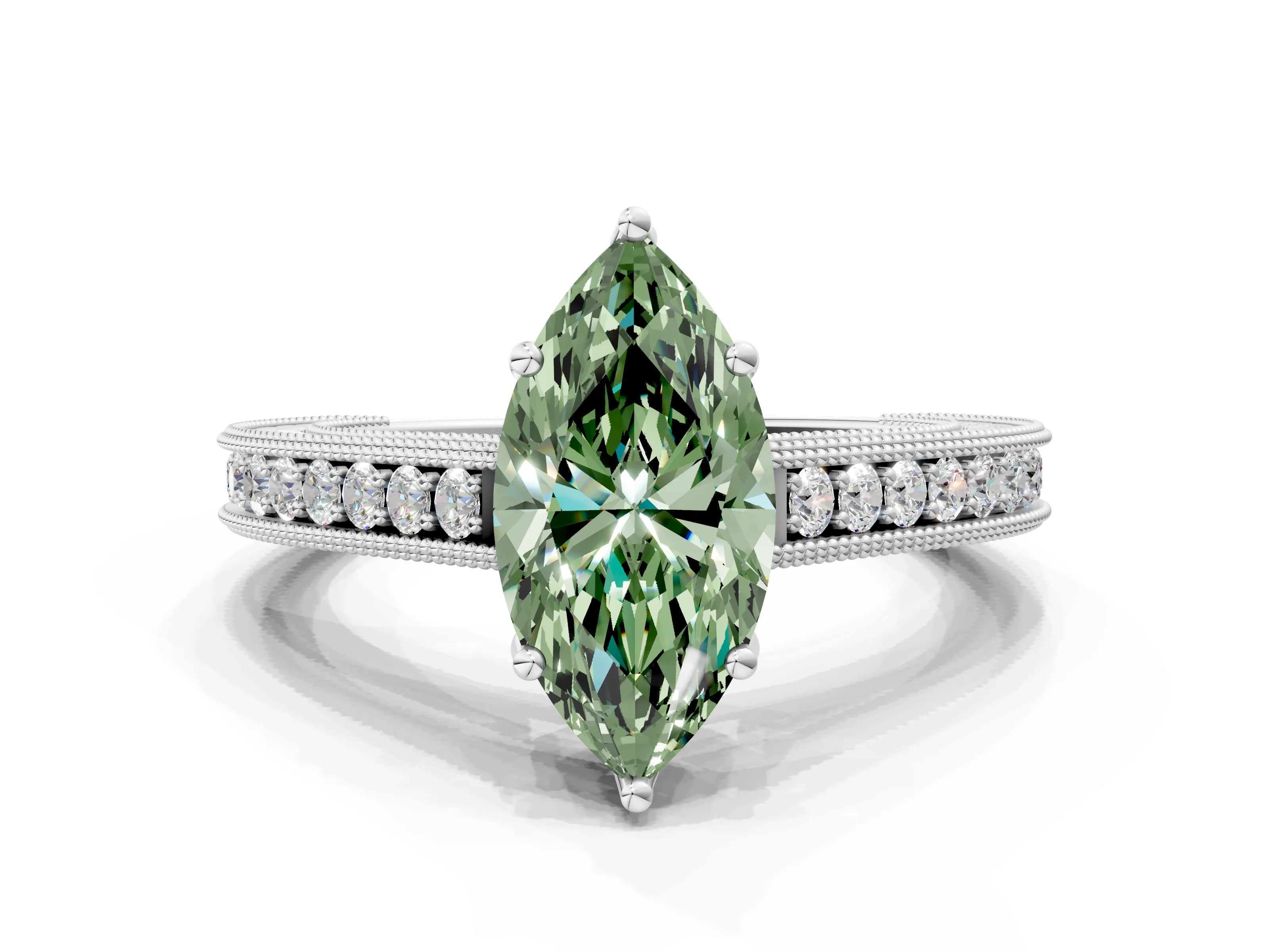 White gold Fancy Green Marquise Cut Cut Pave Band Milgrain Solitaire Ring_18