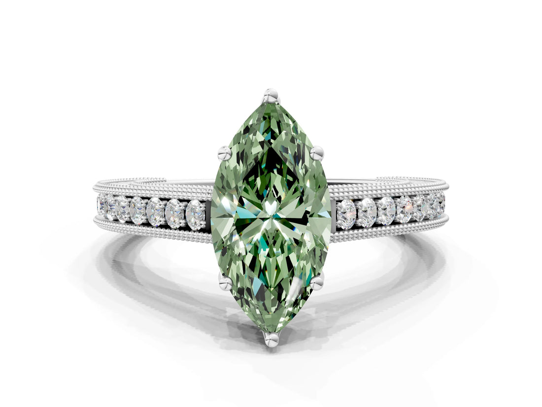 White gold Fancy Green Marquise Cut Cut Pave Band Milgrain Solitaire Ring_18