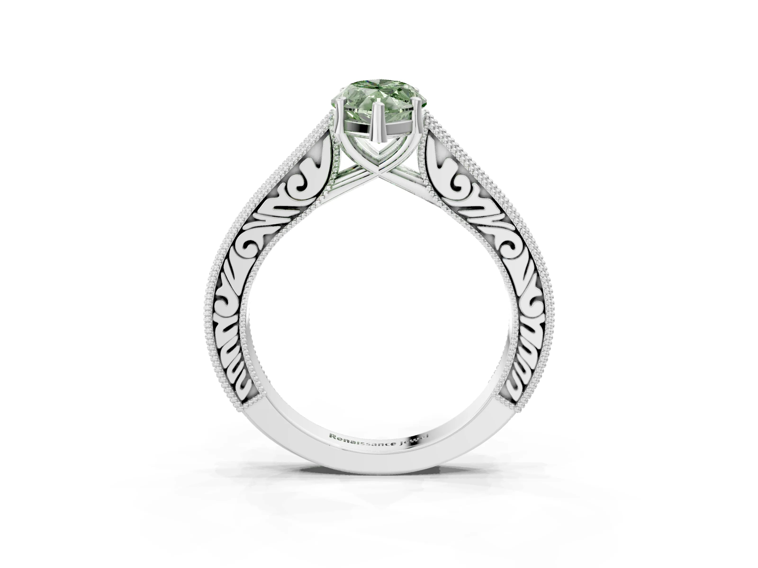 White gold Fancy Green Marquise Cut Cut Pave Band Milgrain Solitaire Ring_21