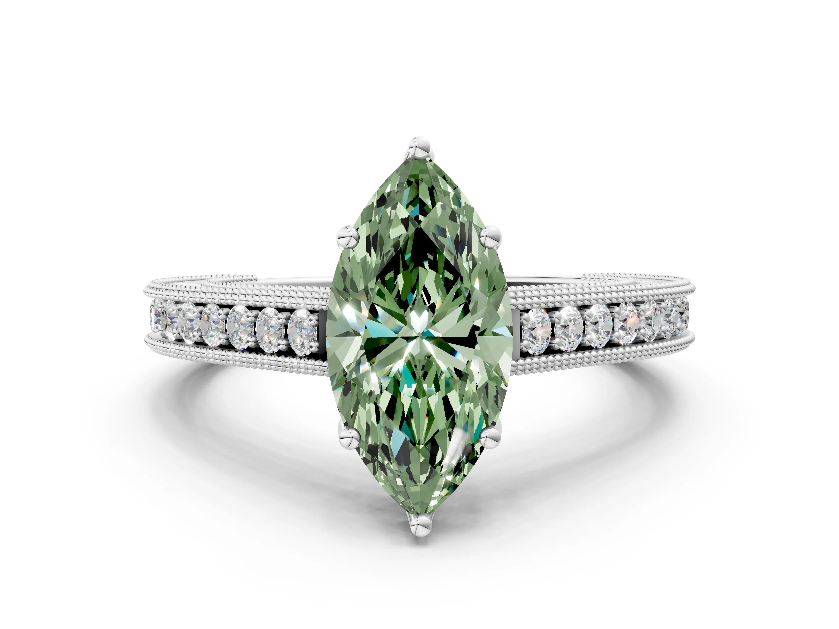 White gold Fancy Green Marquise Cut Cut Pave Band Milgrain Solitaire Ring