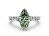 White gold Fancy Green Marquise Cut Cut Pave Band Milgrain Solitaire Ring