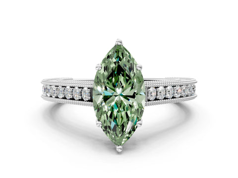 White gold Fancy Green Marquise Cut Cut Pave Band Milgrain Solitaire Ring