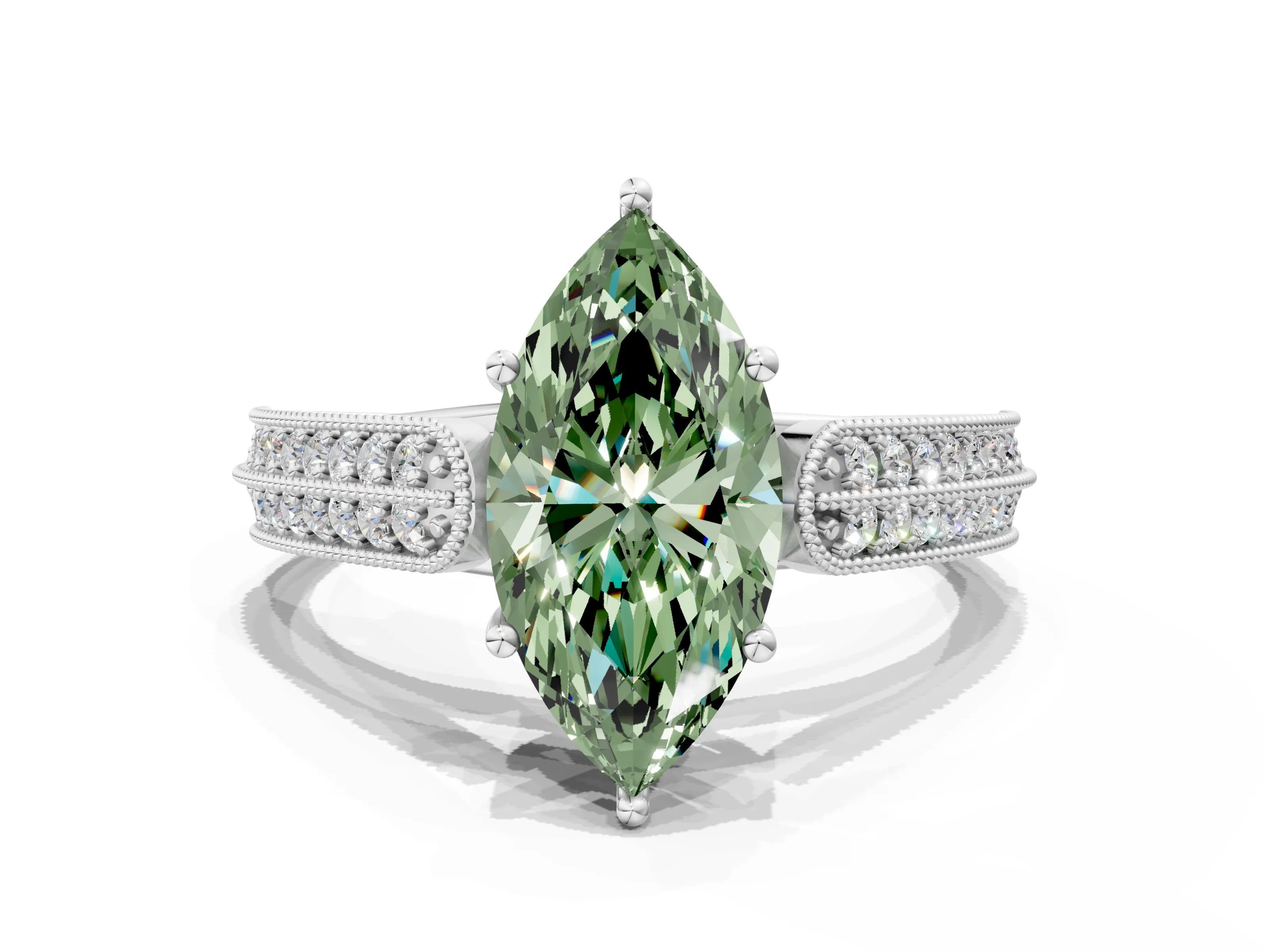 White gold Fancy Green Marquise Cut Cut Pave Split Shank Engagement Ring with Four-Prong Setting_24
