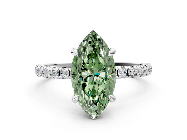 White gold Fancy Green Marquise Cut Diamond Brilliant Solitaire Ring with Pavé Band and Four-Prong Setting