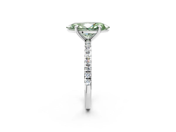 White gold Fancy Green Marquise Cut Diamond Brilliant Solitaire Ring with Pavé Band and Four-Prong Setting