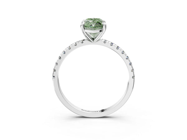 White gold Fancy Green Marquise Cut Diamond Brilliant Solitaire Ring with Pavé Band and Four-Prong Setting