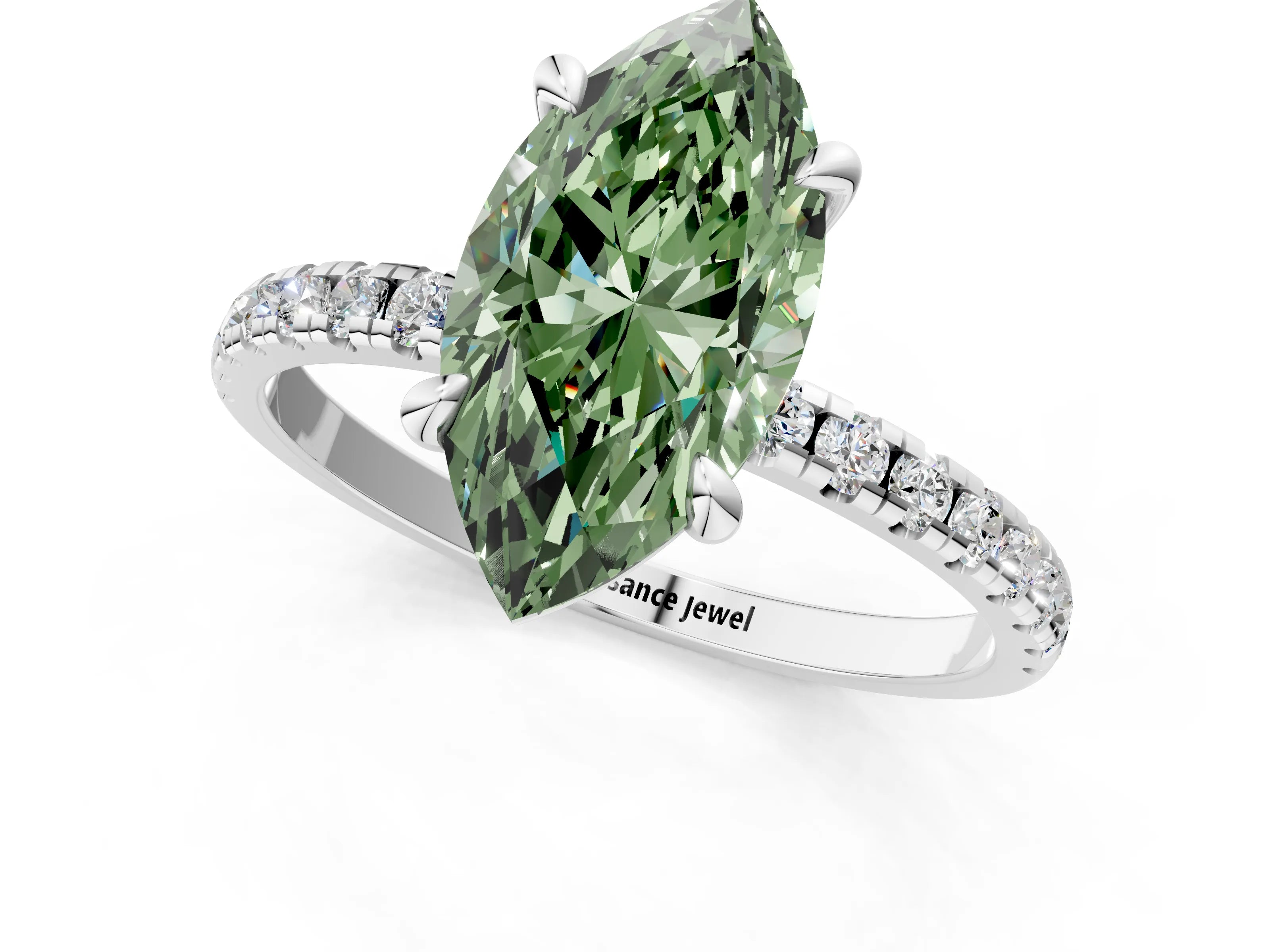 White gold Fancy Green Marquise Cut Diamond Brilliant Solitaire Ring with Pavé Band and Four-Prong Setting_1