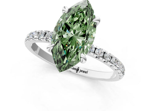 White gold Fancy Green Marquise Cut Diamond Brilliant Solitaire Ring with Pavé Band and Four-Prong Setting_1