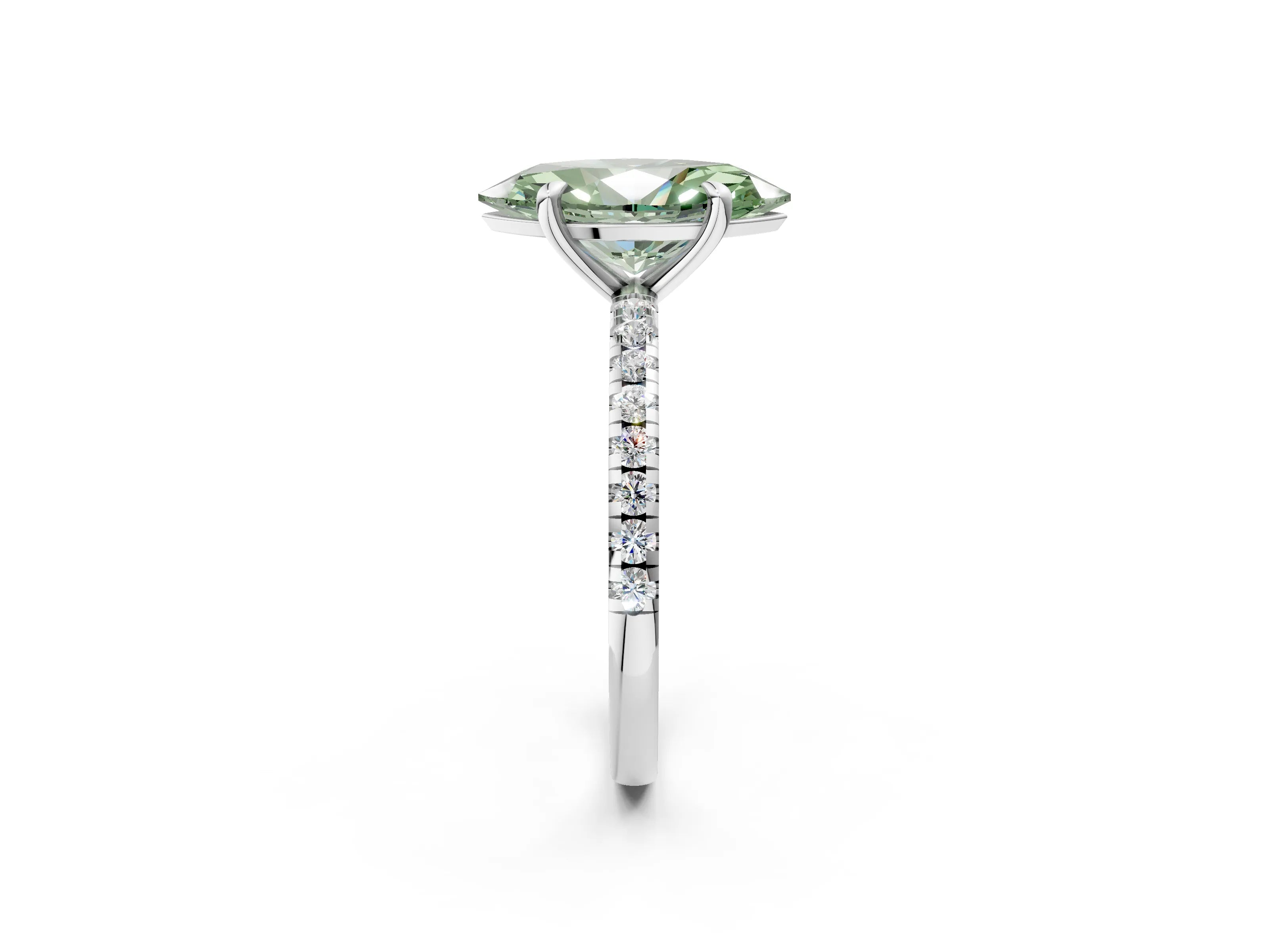 White gold Fancy Green Marquise Cut Diamond Brilliant Solitaire Ring with Pavé Band and Four-Prong Setting_2