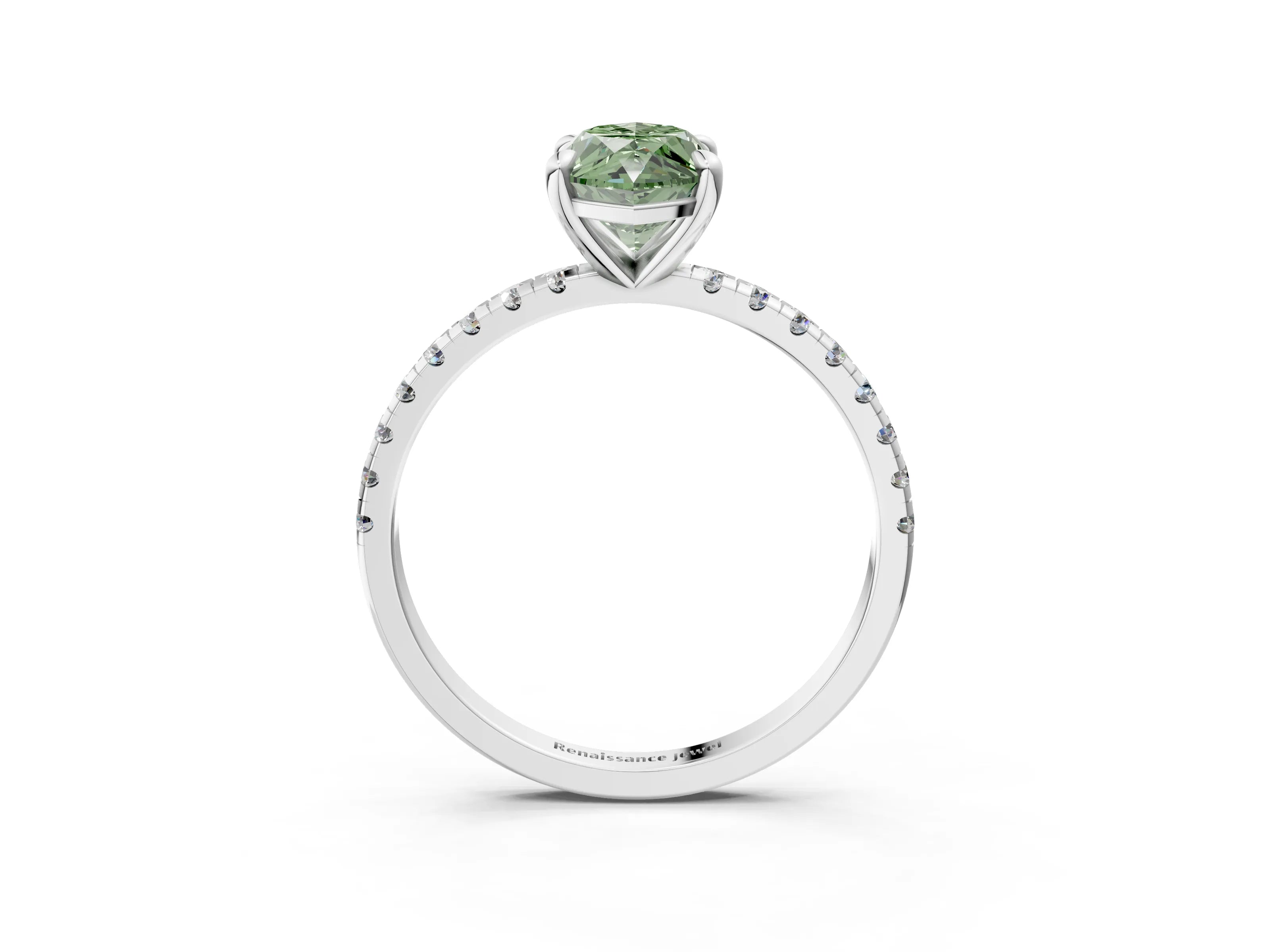 White gold Fancy Green Marquise Cut Diamond Brilliant Solitaire Ring with Pavé Band and Four-Prong Setting_3