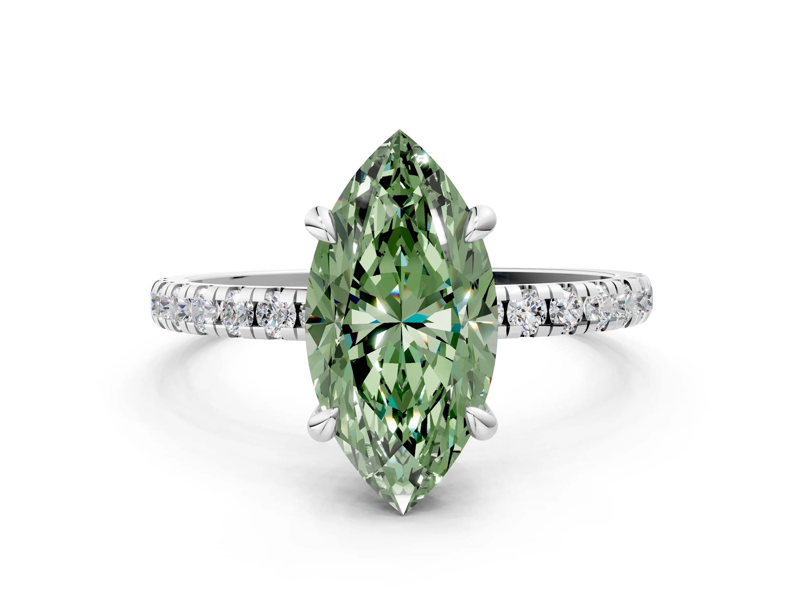 White gold Fancy Green Marquise Cut Diamond Brilliant Solitaire Ring with Pavé Band and Four-Prong Setting