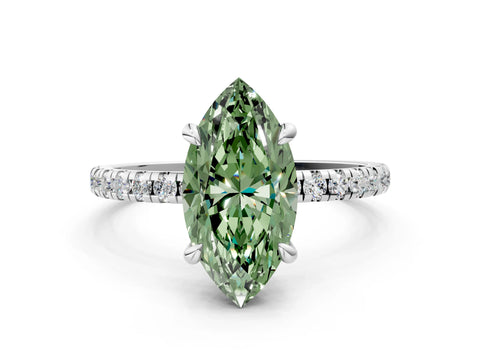 White gold Fancy Green Marquise Cut Diamond Brilliant Solitaire Ring with Pavé Band and Four-Prong Setting