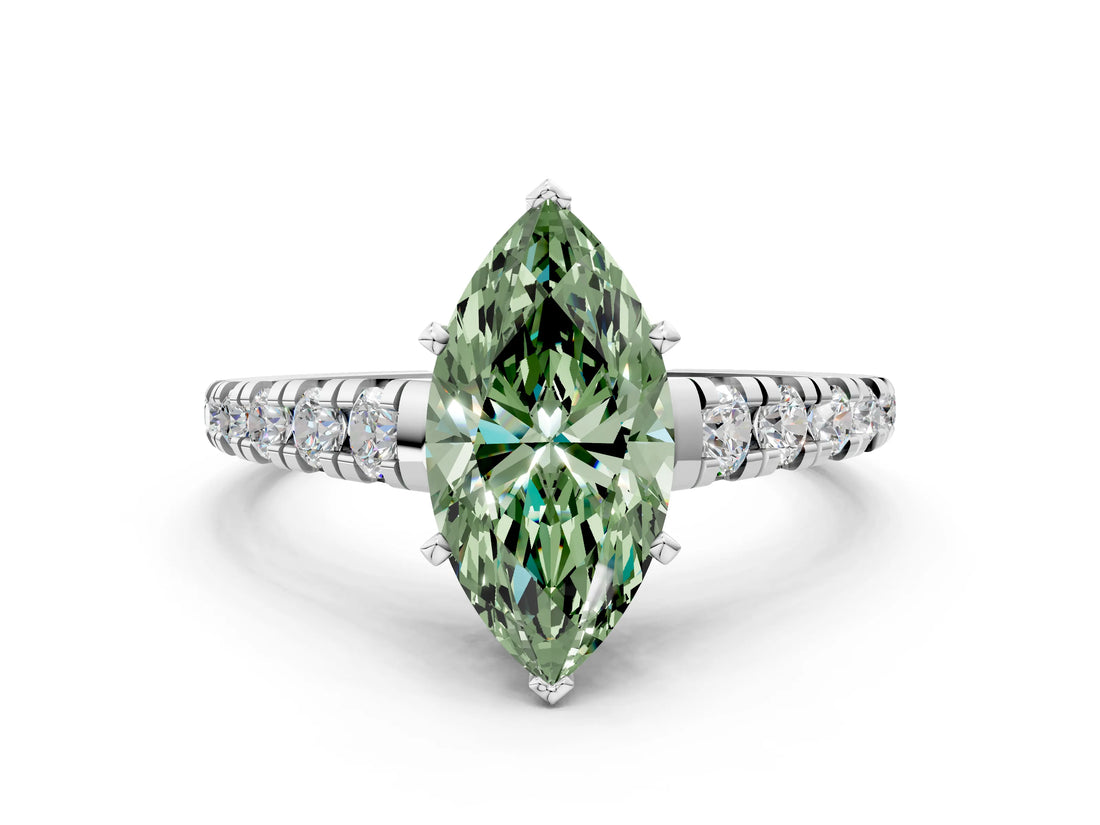 White gold Fancy Green Marquise Cut Diamond Cathedral Solitaire Ring with Round  Pavé Band_236