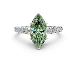 White gold Fancy Green Marquise Cut Diamond Cathedral Solitaire Ring with Round  Pavé Band_236