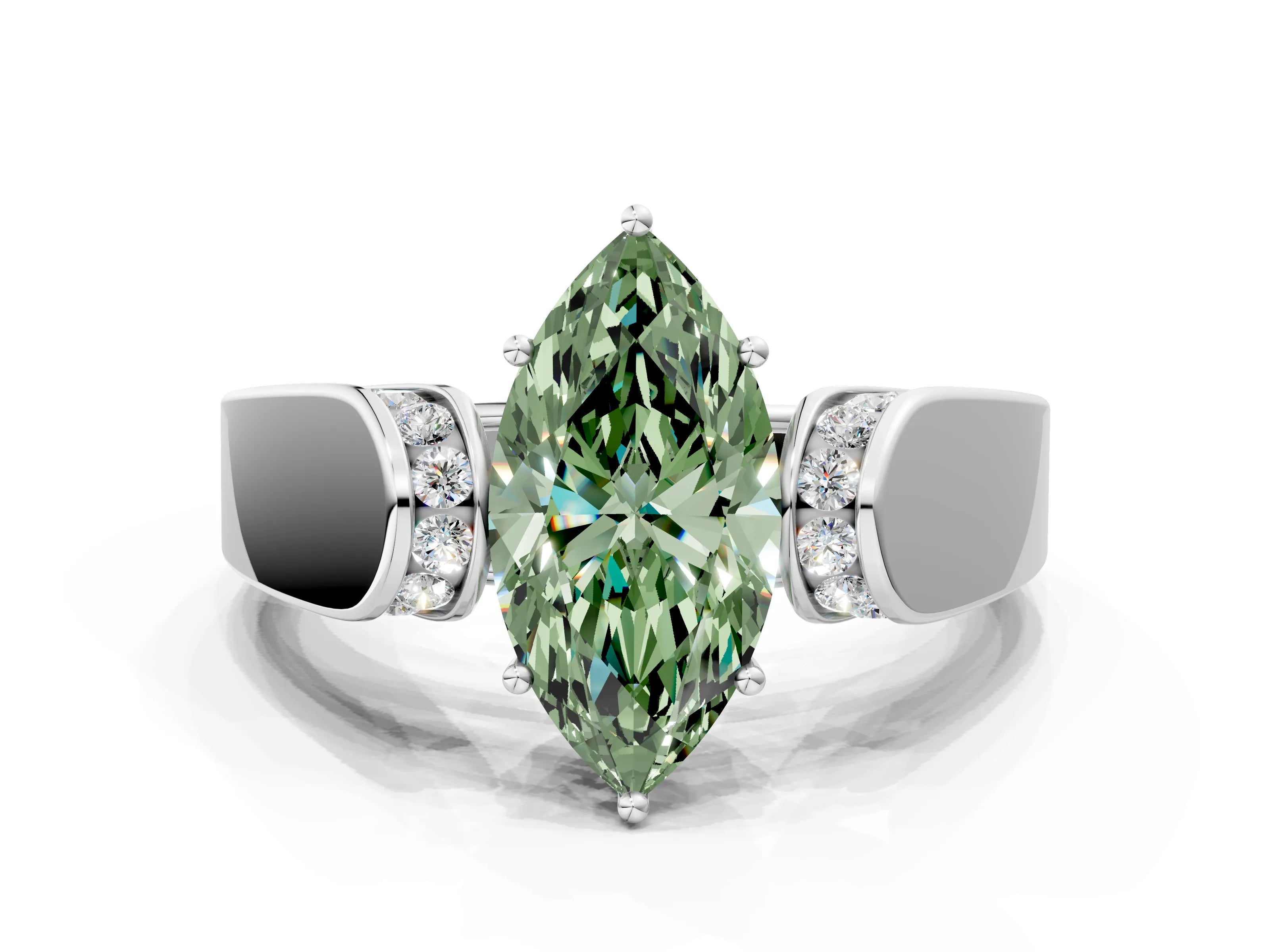 White gold Fancy Green Marquise Cut Diamond Channel Set Solitaire Ring with Four-Prong Setting_25