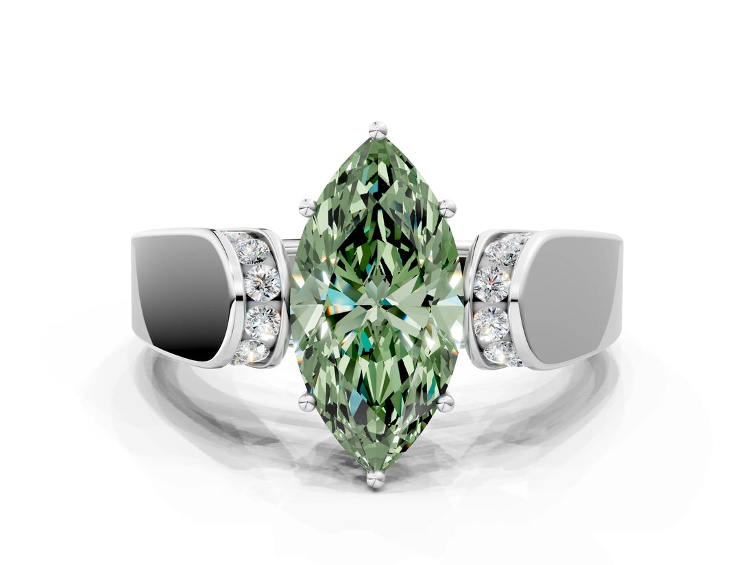 White gold Fancy Green Marquise Cut Diamond Channel Set Solitaire Ring with Four-Prong Setting_25