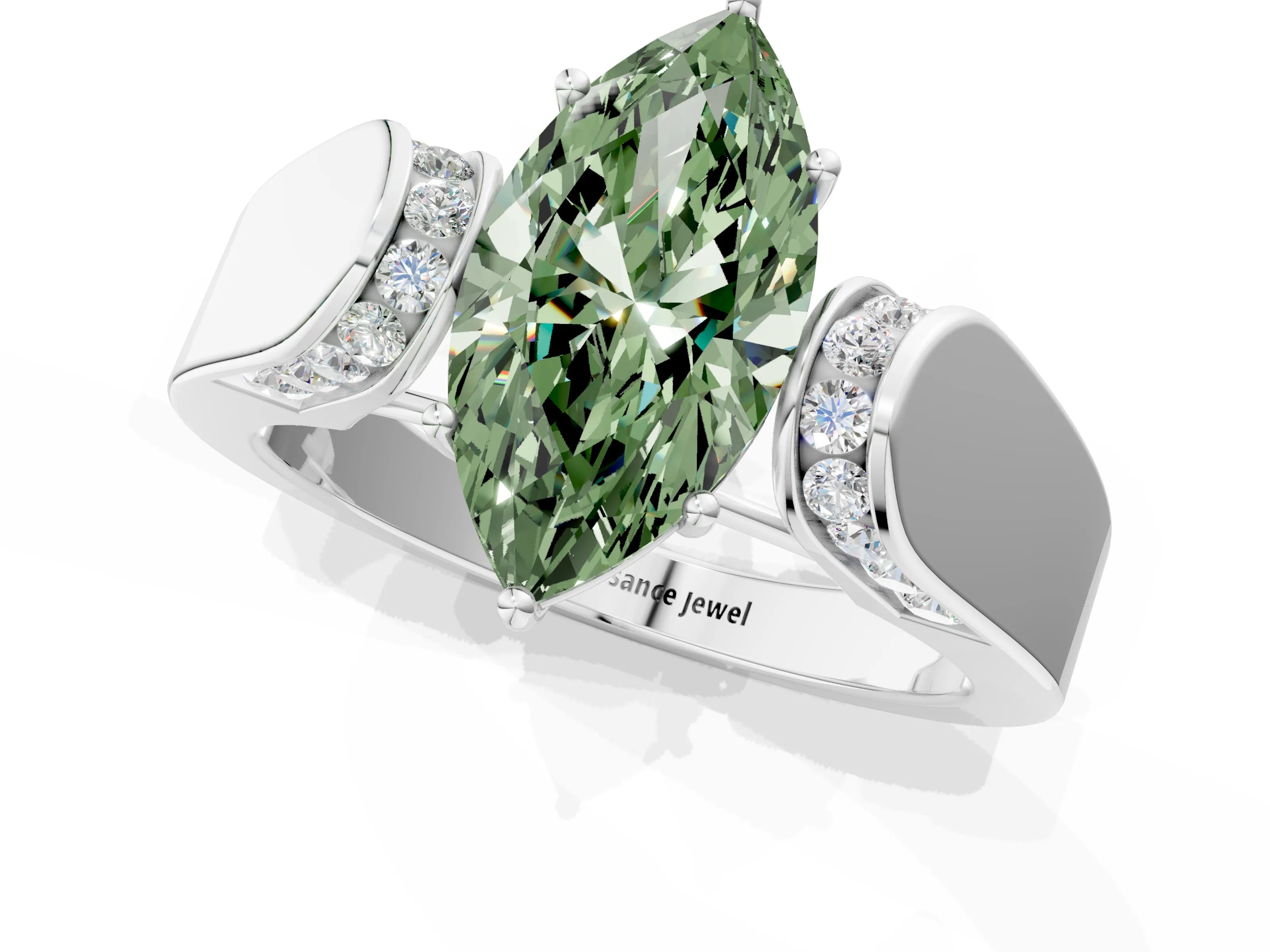 White gold Fancy Green Marquise Cut Diamond Channel Set Solitaire Ring with Four-Prong Setting_26