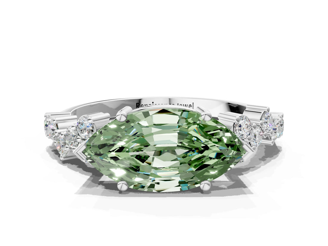 White gold Fancy Green Marquise Cut Diamond Cluster Pavé Band with Four-Prong Setting_14