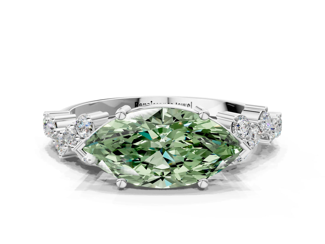 White gold Fancy Green Marquise Cut Diamond Cluster Pavé Band with Four-Prong Setting_3