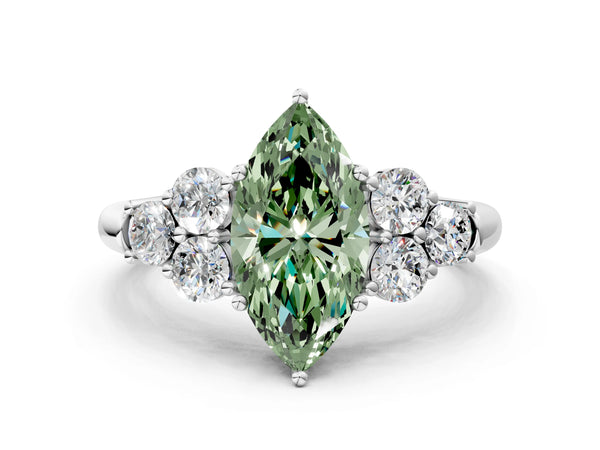 Platinum Fancy Green Marquise  Cut Diamond Cluster Ring with Round Accent Stones and Prong Setting on a Classic Band