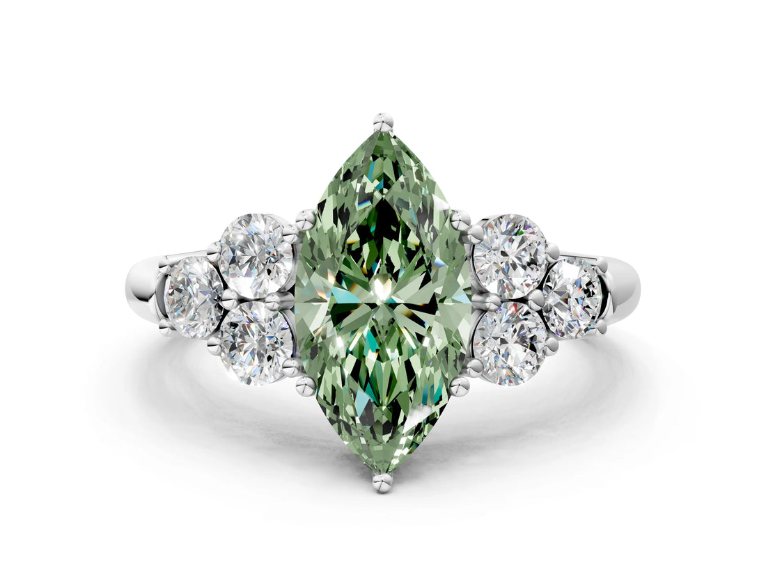 White gold Fancy Green Marquise  Cut Diamond Cluster Ring with Round Accent Stones and Prong Setting on a Classic Band_50