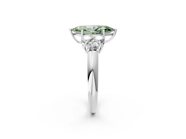 Platinum Fancy Green Marquise  Cut Diamond Cluster Ring with Round Accent Stones and Prong Setting on a Classic Band
