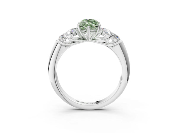 Platinum Fancy Green Marquise  Cut Diamond Cluster Ring with Round Accent Stones and Prong Setting on a Classic Band