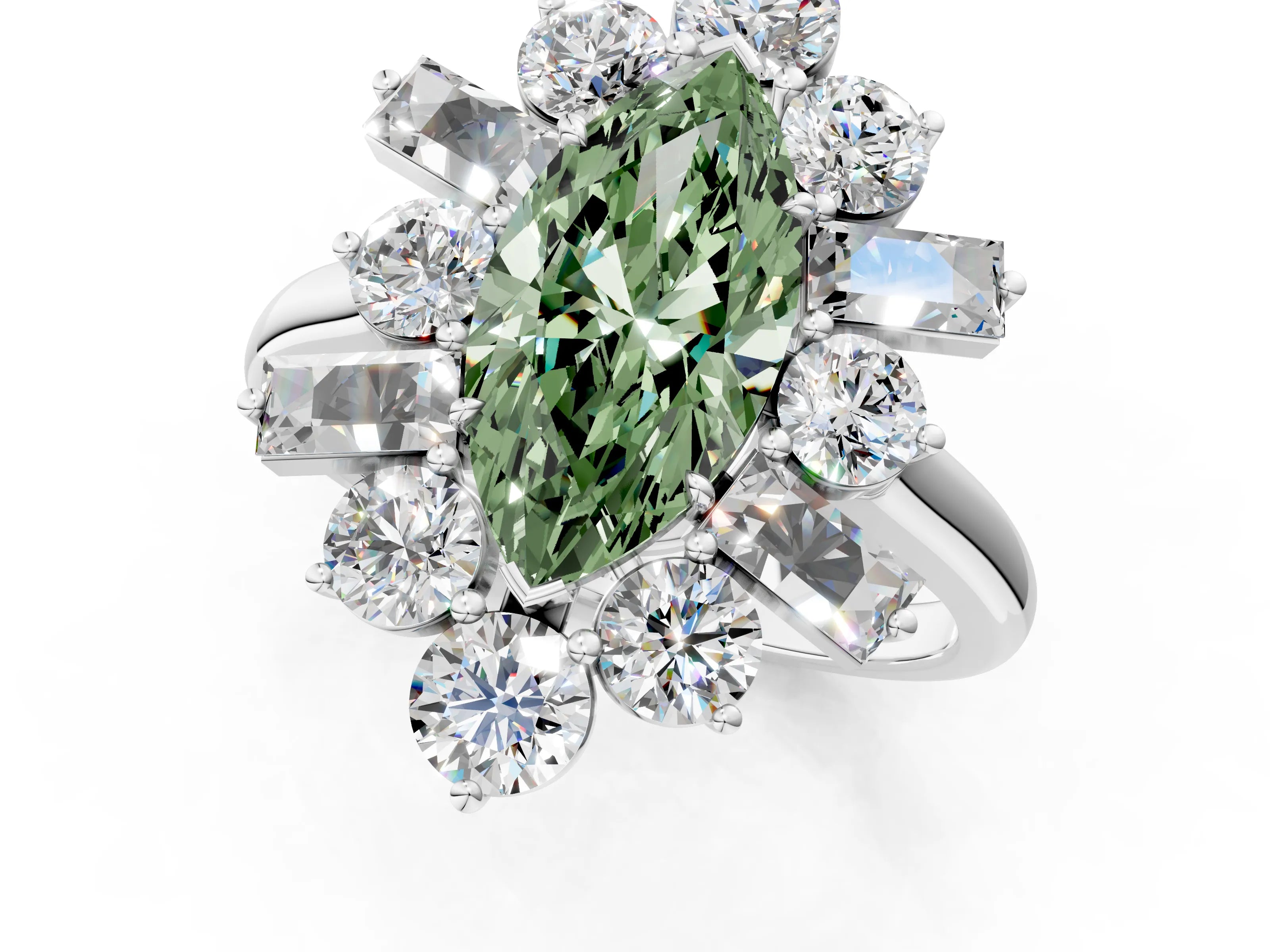 White gold Fancy Green Marquise Cut Diamond Cluster Ring with Round and Baguette Stones, Split Shank Band, Prong Setting_1
