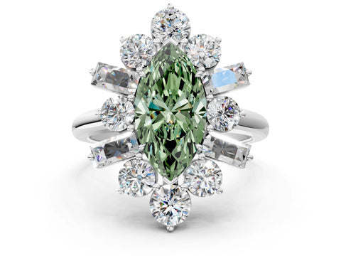 White gold Fancy Green Marquise Cut Diamond Cluster Ring with Round and Baguette Stones, Split Shank Band, Prong Setting_12